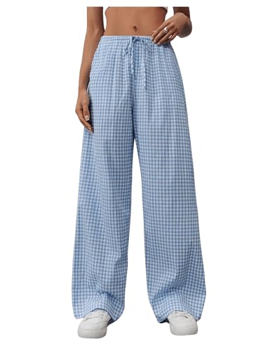 MakeMeChic Women's Y2k Gingham Plaid Wide Leg Pants Elastic Waist Drawstring Trousers