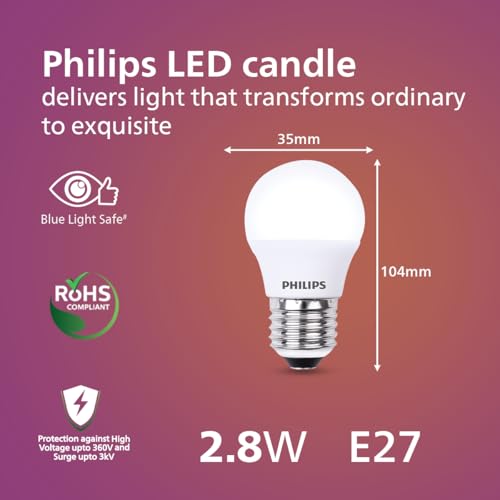 Image of PHILIPS 2.8W LED Frosted Candle Bulb | Cool White 6500K | E27 Base | Energy Efficient Decorative LED Light | Long Life & Instant Brightness | Pack of 10