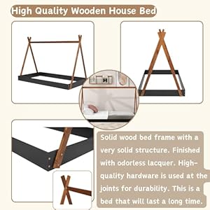 Wood Teepee Bed Twin Size Floor Beds for Kids Montessori Style House Tent Bed Frame for Boys Girls Teens No Spring Box Needed Black with Brown