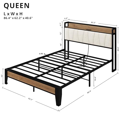 Image of LIKIMIO Queen Bed Frames, Storage Headboard with Charging Station, Solid and Stable, Noise Free, No Box Spring Needed, Easy Assembly, Wood and Cream