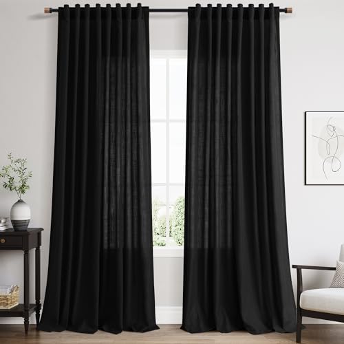 Image of Nanspring Black 102 Inch Linen Curtains for Living Room Back Tab Rod Pocket Privacy Semi Sheer Light Filtering Curtains Simple Modern Soft Material Panel Drapes for Bedroom,2 Panels, 60x102