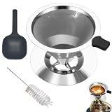Kaffeefilter Edelstahl, Kaffeefilterhalter Wiederverwendbarer Kaffee Filter Aufsatz Kaffeetrichter mit Löffel und Reinigungsbürsten Papierloser 1-2 Tassen für Manuelle Kaffeezubereitung