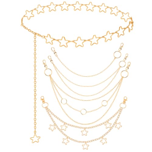 Chain Belt, 5 Pcs Waist Chain Belt Jeans Pants Chain Wallet Chain Pocket Silver Chain Belt Y2K Goth Accessories Punk Dress Body Belly Chain for Women Men (Gold Star chain)