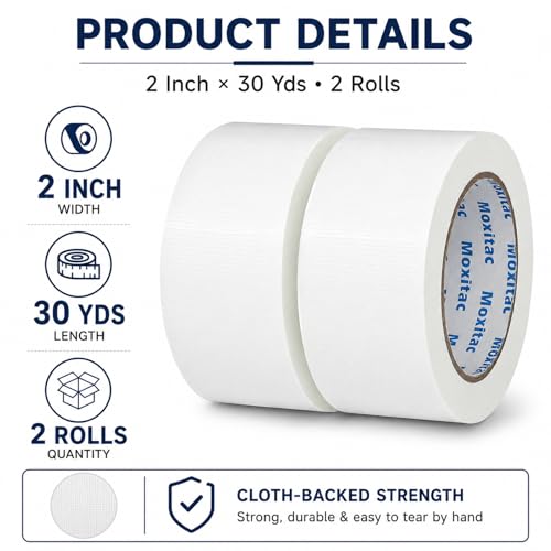 Image of White Duct Tape Heavy Duty, 2 Rolls, 2 Inch x 30 Yards Each, PE Coated Cloth Tape, Easy Tear by Hand, Water-Resistant Surface for Repairs, Packaging, Labeling, Bundling and Moving