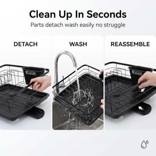 Image of ZENOVIA Dish Drying Rack with Drainboard, 1 Tier Kitchen Dish Rack with Detachable Utensil Holder, Carbon Steel Dish Drainer for Countertop, Fast Water Drainage, Rust-Resistant Kitchen Organizer