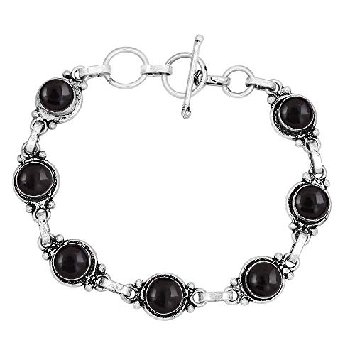 Round Shape Natural & Synthetic Gemstones Silver Plated Bracelets for Women - Vintage Bohemian Style Handmade Birthstone Adjustable Link Bracelet Jewelry Gifts for Wedding Anniversary Mother's Day