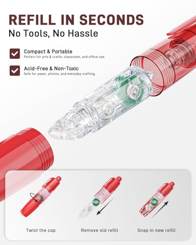 8 Pack Retractable Double-Sided Tape Roller with Glue Dots, Refillable Acid-Free Scrapbook Tape, 360° Rotatable Tip for Gift Wrapping, Photos & DIY Crafts, Office & School Supplies