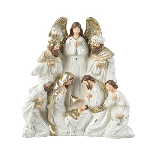 Image of Glitzhome Nativity Figurines Set Indoor Christmas 13 inch H, Gold Ivory White Holy Family Wise Mens Shepherd Angel Sets & Figures, Hand Painted Nativity Tabletop Scenes Xmas Figurines for Home Decor