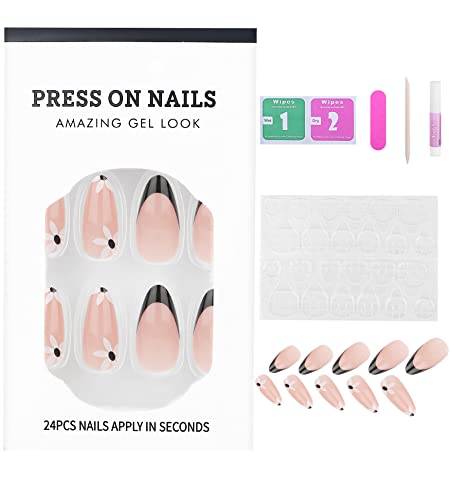 24 Pcs Acrylic Press on Nails Medium, Stiletto Fake Nails with Glue, Black French and Flower for Women