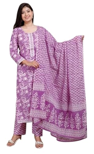 IMTRA FASHION Set di Pantaloni Kurta in Puro Cotone Set Completo da Donna Indiana con Stampa Paisley (Lilla Viola-Medio)