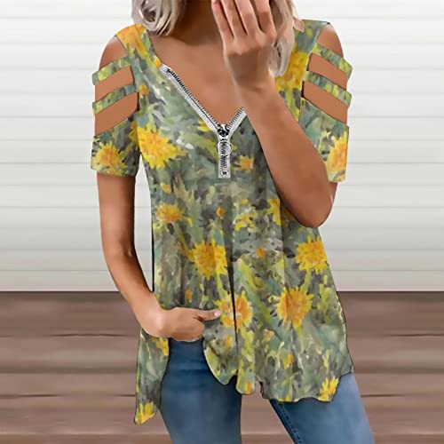 KccOsg Túnica feminina para usar com leggings, túnicas florais com ombro vazado, ajuste solto, zíper