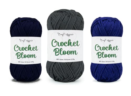 Image of Craft Affair | 8plyCotton Crochet Yarn (Each Color 2mm, 77Meter, 50Gram) for Knitting Yarn | 100% Pure acotton for Embroidery, Craft & DIY Project: Navy, Charcoal, Royal Blue