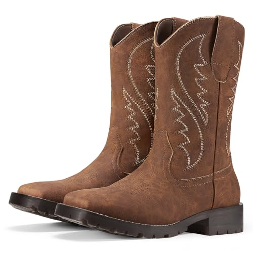 Image of Rollda Cowboy Boots for Men Western Boots Men's Square Toe Chunky Heel Mid-Calf Boots Classic Embroidered Pull On Boots
