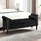 HOMYKA Storage Bench for Bedroom End of Bed, Upholstered Button Tufted Storage Ottoman Bench with Rolled Arms, Velvet Window Bed Bench with 2 Pillow for Entryway Living Room, Black