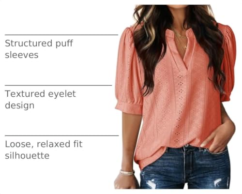 Image of Dokotoo Womens Blouses V Neck Puff Short Sleeve Business Casual Tops