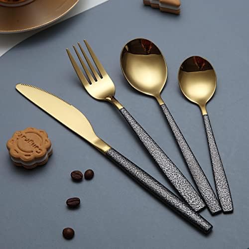 Kyraton Cutlery Set 16 Pieces with Moon Surface Black Handle and Shiny Gold Mouth Titanium Coating Stainless Steel Modern Cutlery Set Utensils Set Service for 4
