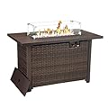 HANLIKO 42 Inch Outdoor Propane Gas Fire Pit Table, 50,000 BTU Auto-Ignition Gas Firepit with Glass Wind Guard, Alloy Wood Grain Tabletop -Brown