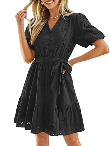 Amazon.com: Simplee Womens 2026 Summer Short Dress Cotton 2026 Short Sleeve  Eyelet Floral Ruffle A Line Vacation Mini Cocktail Dresses(Black S) :  Clothing, Shoes & Jewelry