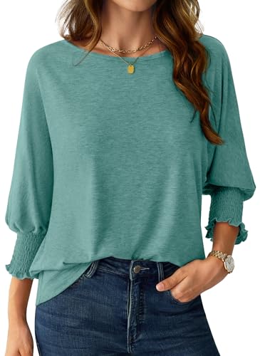 NORACORA Women's 3/4 Sleeve Tops Loose Fit Shirts Dressy Casual Crew Neck T Shirts for Women Basic Tees Shirt with Smocked Cuffs 2025 Fall Fashion Blouse Blue Green S