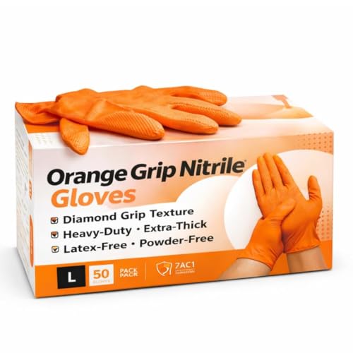 Ruiyang Nitrile Work Gloves Extra Large (50 Pack), Heavy-Duty Extra-Thick, Diamond Grip, Grip Non-Slip, Latex-Free, Powder-Free – Mechanics & Automotive Use (Orange, Extra Large Orange - 50 Gloves)