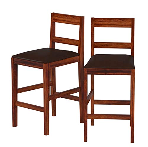 Image of OGESTA Solid Sheesham Wood Bar Chair for Kitchen Island & Breakfast Counter | High Back Wooden Bar Stool with Cushioned Seat | Rustic Walnut Finish | Home Bar & Dining Counter Chair (set of 2)