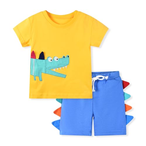 Image of HILEELANG Toddler Boy Summer Short Clothes Sets Cotton Crewneck Tees Shorts Pocket Adjustable Knite Shorts Playwear Sets