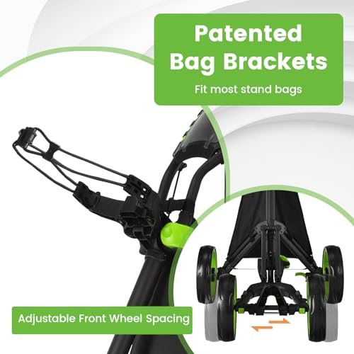 GYMAX 4 Wheels Golf Push Pull Cart, Lightweight Golf Trolley with Storage Bag, Foot Brake, Built-in Cooler and Umbrella Holder, Foldable Convenient Quick Open Golf Bag Holder (Green) - 4