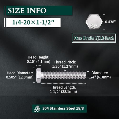 Image of 1 /4-20 x 1-1 /2 inch Hex Head Bolts Screws, 304 Stainless Steel 18-8, Fully Threaded, Hexagon Head Cap Bolts Screws, Coarse Thread UNC, 50 PCS
