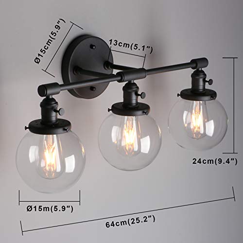 Phansthy 3 Light Wall Sconce Bathroom Vanity Light Black Sconce Light Fixture With 5.6 Inches Round Glass Canopy, Black #TOP6