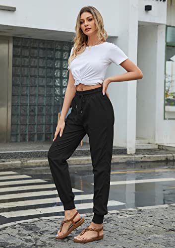 Hose Damen Sommer Casual Baumwolle Leinen Stoffhose Einfarbig Freizeithose Stretch Leicht Leinenhose Straight Leg Hose und Taschen (Z Schwarz, L)