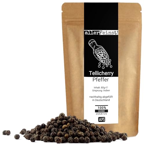 allerFeinst! - Tellicherry Pfeffer ganz | Premium schwarzer Pfeffer aus Indien (Piper nigrum L.) | Aromatisch, nussig & leicht scharf | 1er Pack (1 x 80g)