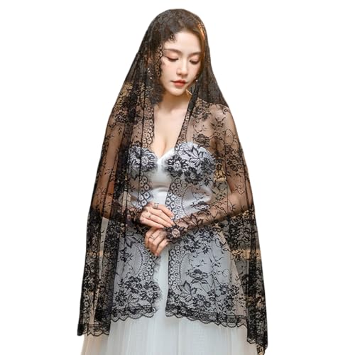 HINAYOSAN Mantilla Católica Velo de Misa de Ceremonia Religiosa de Encaje Bordado para Oración Religiosa, Negro, Talla S-L