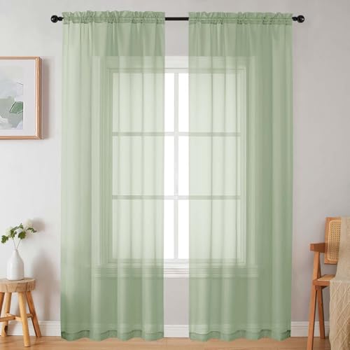 WelvetBLK Sheer Light Green Curtains for Bedroom Living Room 90 Inches Long 2 Panels Set, Soft Airy Light Filtering Sheer Window Treatments, Modern Rod Pocket Curtains Drapes, Each 42" Wx90 L Inch