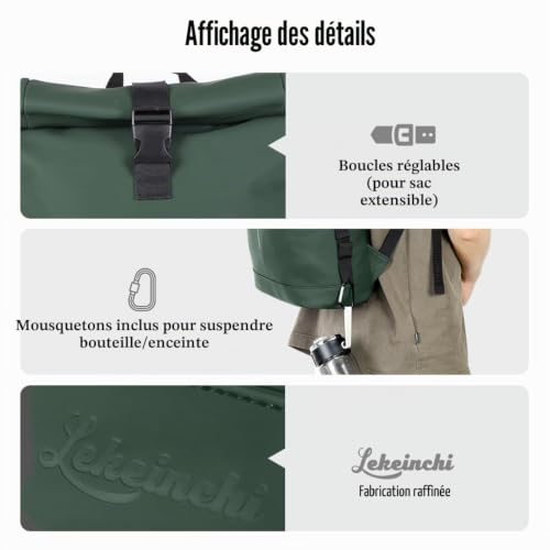 Lekeinchi Sac à dos imperméable pour ordinateur portable 17" pour homme et femme, design enroulable pour l'école, les voyages, les affaires, le travail et le camping, Vert, 43,1 cm, Moderne – vue 6