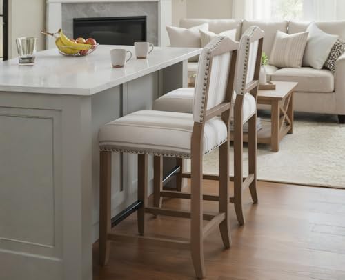 EALSON Farmhouse Bar Stools Set of 2 Counter Height Kitchen Barstools with Back Mid Century Modern Wooden Bar Chairs Linen Upholstered Island Stools for Home Bar/Bistro/Pub, 26 Inch Brown Stripe