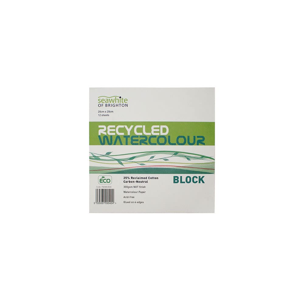 Seawhite Of Brighton Watercolour Recycled Paper Block - 20 x 20 cm - 12 Sheets - 300gsm - GLUED ON 4 Edges - Acid Free - White
