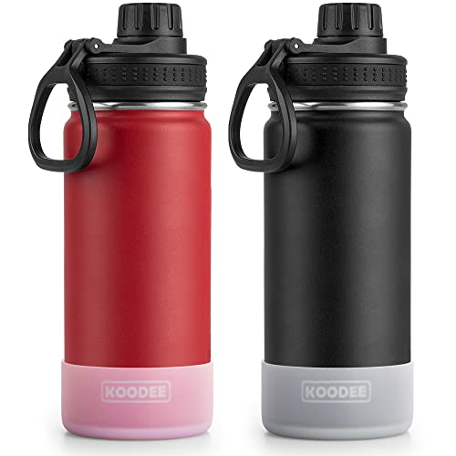 Image of koodee 2 Pack Water Bottle 18 oz Stainless Steel Double Wall Vacuum Insulated Sports Water Bottle for Girls and Boys, Reusable Metal Water Flask with 2 Lids-BPA Free and Leakproof (Canyon Red-Black)