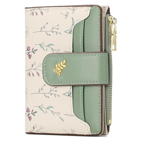 Image of Small Wallets for Women Leather Bifold Zipper Pocket Wallet Cute Flower Credit Card Holder Coin Purse with ID Window