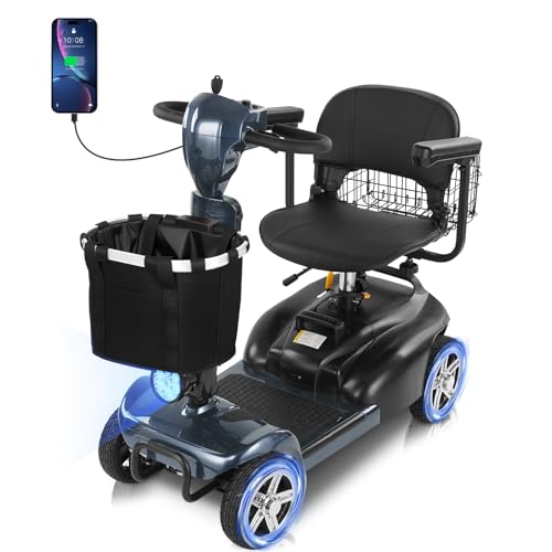 MS20 with Mirror 20 Miles 4-Wheel Mobility Scooter for Seniors/Adults, Detachable Lithium Battery Electric Wheelchair,Dual Baskets,Rotating Seat,with Taillight,USB Charging,Foldable Mobility Scooters