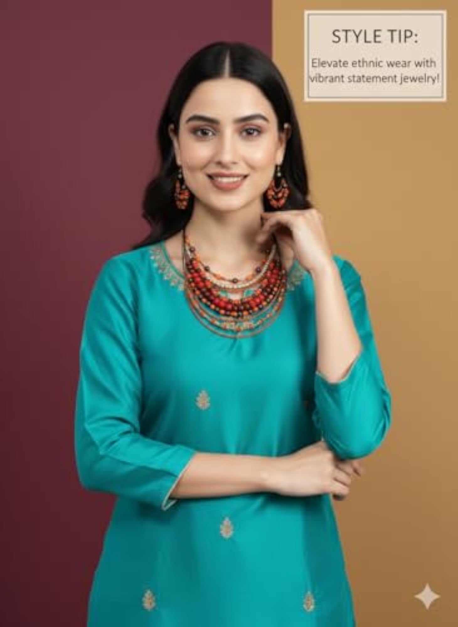 Women's Multicolor Wood Glass Necklace Set, Orange-Gold