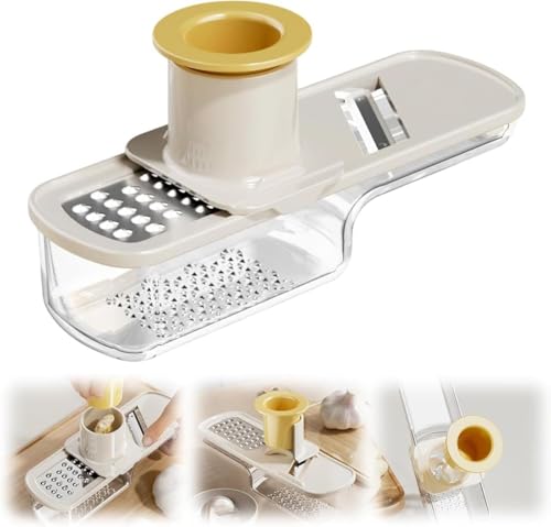 Image of 3 in 1 Garlic Slicer with Container and Hand Guard, Manual Garlic Cutter and Vegetable Grater Tool with Removable Blades