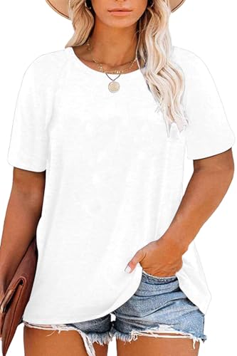 FANGJIN Ladies White Shirt Crewneck Cotton Tshirt Short Sleeved Shirt Summer Tops Baggy T Shirts for Women UK White 3XL