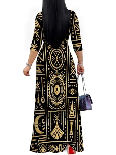Image of PinkPatty Plus Size Maxi Dress for Women Casual V Neck 3 /4 Sleeve Boho Printed Long Dress with Pockets
