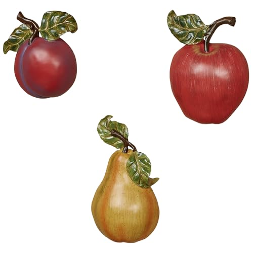 Touch of Class Luscious Fruit Wall Accent Set of Three - Resin - Plum, Pear, Apple - Purple, Yellow, Red - Realistic Decor for Kitchen, Dining Room, Farmhouse, Restaurant