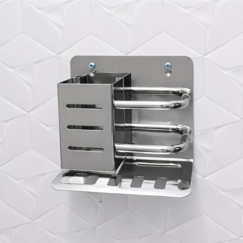 Image of Wall Mounted Toothbrush Holder Organizer, Stainless Steel Bathroom Tumbler & Toothpaste Stand, 4 Brush Slots, Mirror Finish, Rustproof Storage Rack (15 x 13.5 x 11 cm, Silver)