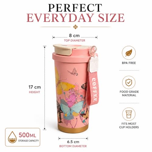 Image of Vasukie Stainless Steel Coffee Tumbler with Carrying Strap, Aesthetic Pink Butterfly & Floral Travel Mug, Leakproof Water Bottle for Women & Girls (500ML)