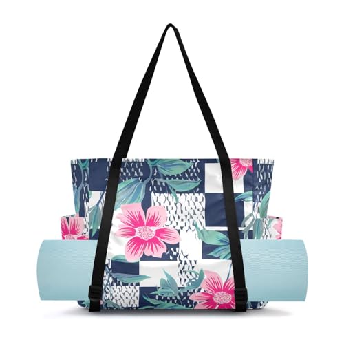 Lxqimora Flowers Checkered Stylish Blue Yoga Mat Bag for Women Water-Resistant Gym Bag with Yoga Mat Holder Tote Bag for Pilates Gym Yoga Travel