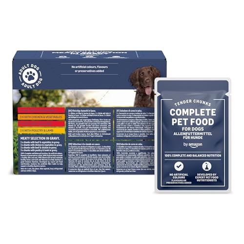 by Amazon Complete Wet Food for Adult Dogs, Meat Selection in Gravy, 1.2 kg (12 pouches of 100g)