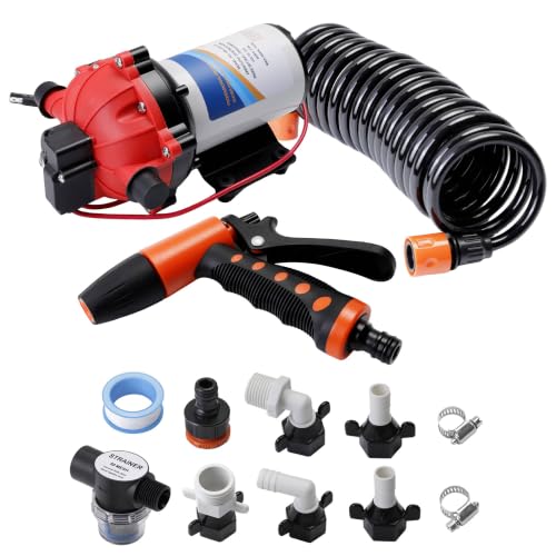 AxleyHub Washdown Pump Kit - 12V DC 5.5 GPM 70 PSI Self-Priming Water Pump with Coiled Hose Spray Nozzle washdown pumps for boats Off-Grid Freshwater Saltwater Applications SFWP1-055-070-55