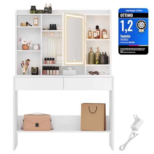 VASAGLE KAILYN Collezione - Toeletta con Luci LED 3 Colorazioni con Luminosità Regolabile, Tavolo da Trucco con Specchio, Ripiani Regolabili, 2 Cassetti, Postazione Trucco, Bianco RDT123T14